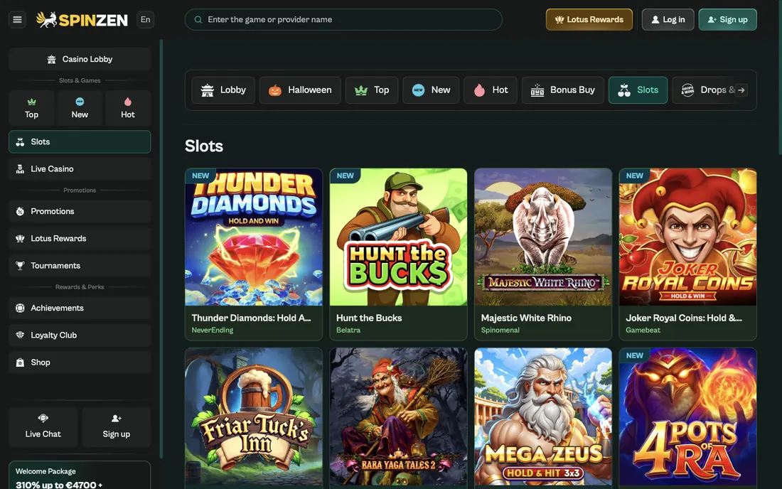 Spinzens slotslobby med spelrutor och kategoriflikar högst upp, sedd från Sverige